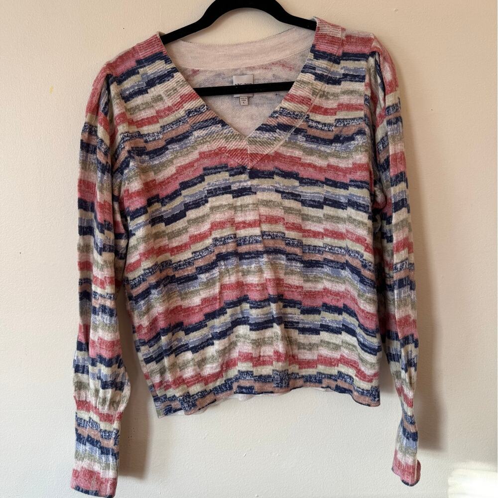 NIC+ZOE Multicolor Stripe V-Neck Sweater – Lightweight Knit Top, Size L